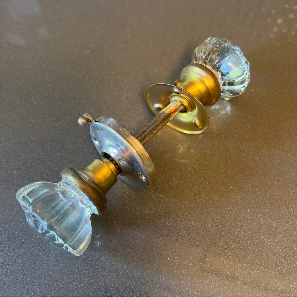 Antique Crystal Glass and Brass 12 Point Victorian Locking Bathroom Door Knob 1
